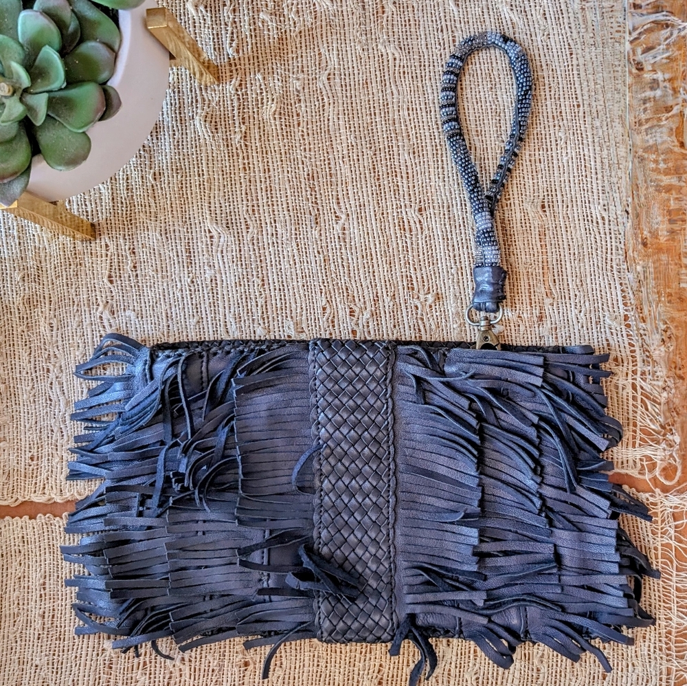 En Shalla • Bohemian-style Fringe Clutch Bag in Deep Blue w/ Beaded Strap